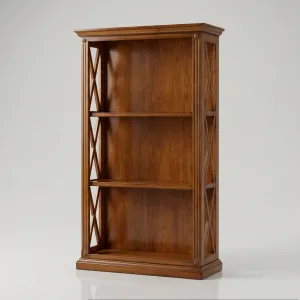 Luxuriöser Holzregalschrank mit Walnuss-Finish und dekorativem Kreuzpaneel-Design Vorderansicht von Luxury Group International