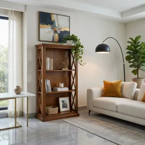Luxuriöser Holzregalschrank mit Walnuss-Finish und dekorativem Kreuzpaneel-Design Lifestyle-Ansicht von Luxury Group International