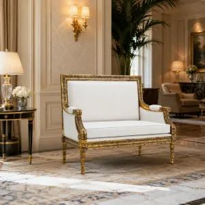 Luxury White and Antique Gold Baroque-Style Loveseat - Luxury Hotel Furniture Lifestyle View by Luxury Group International