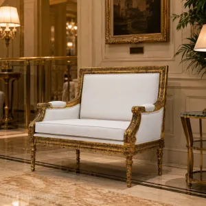 Luxury White and Antique Gold Baroque-Style Loveseat - Luxury Hotel Furniture Lifestyle View by Luxury Group International