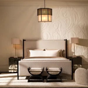 Luxury White and Antique Gold Mirrored Nightstand - Bedside Table - Luxury Bedroom Furniture Lifestyle View by Luxury Group International