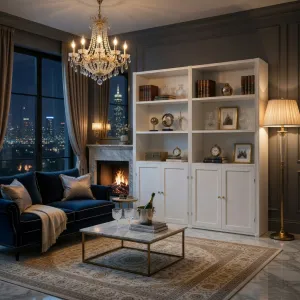 Luxuriöser weißer Bücherschrank mit vier Türen und offenen Regalen Lifestyle-Ansicht von Luxury Group International