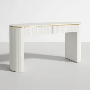 Luxury White Fluted Console Table with Two Push-Pull Drawers in Brushed Gold Accents Front View by Luxury Group International