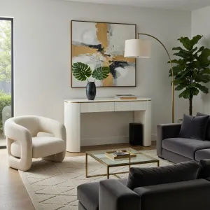 Luxury White Fluted Console Table with Two Push-Pull Drawers in Brushed Gold Accents Lifestyle View by Luxury Group International