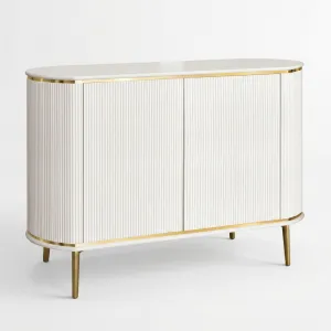 Luxury White Fluted Sideboard with Double Door Storage Cabinet in Brushed Gold Accents Front View by Luxury Group International