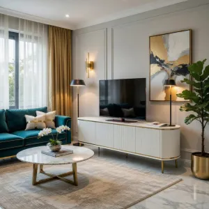 Luxury White Fluted Television Unit with Four Push-Pull Doors in Brushed Gold Accents Lifestyle View by Luxury Group International