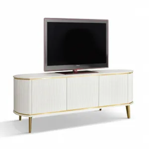 Luxury White Fluted TV Stand with Three Push-Pull Doors in Brushed Gold Detailing Front View by Luxury Group International