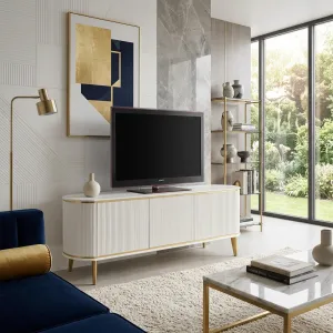 Luxury White Fluted TV Stand with Three Push-Pull Doors in Brushed Gold Detailing Lifestyle View by Luxury Group International