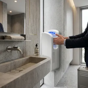 Luxury White High-Speed Automatic Hand Dryer with Antibacterial Filtration System Lifestyle View by Luxury Group International