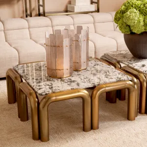 Luxury White Marble Top Square Coffee Table with Bronze Metal Frame - Luxury Hotel Furniture Lifestyle View by Luxury Group International