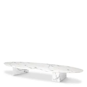 Luxury White Marble Long Oval Coffee Table with Sculptural Stone Base - Luxury Coffee Table Front View by Luxury Group International
