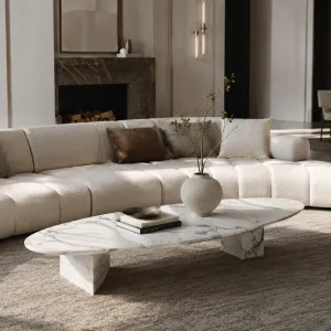 Luxury White Marble Long Oval Coffee Table with Sculptural Stone Base - Luxury Coffee Table Lifestyle View by Luxury Group International