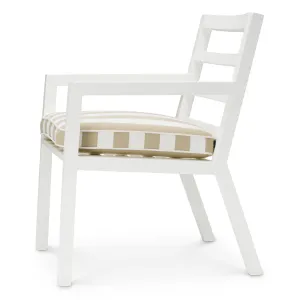 Luxus Weißer Outdoor-Essstuhl mit Beige Gestreiftem Kissen – Gartenmöbel Seitenansicht von Luxury Group International
