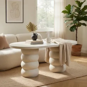 Luxury White Oval Concrete Dining Table with Sculptural Pedestal Base Lifestyle View by Luxury Group International