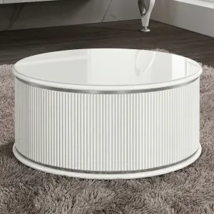 Luxury White Round Coffee Table with Fluted Pedestal Base in Gold & Silver Accent Variations by Luxury Group International