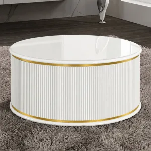 Luxury White Round Coffee Table with Fluted Pedestal Base in Gold & Silver Accent Variations by Luxury Group International