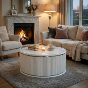 Luxury White Round Coffee Table with Fluted Pedestal Base in Gold & Silver Accent Variations Lifestyle View by Luxury Group International