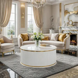 Luxury White Round Coffee Table with Fluted Pedestal Base in Gold & Silver Accent Variations Lifestyle View by Luxury Group International