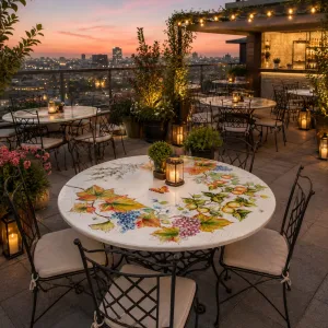 Luxus Weißer Runder Outdoor-Esstisch mit Handbemalter Keramik-Fruchtdekoration Lifestyle-Ansicht von Luxury Group International