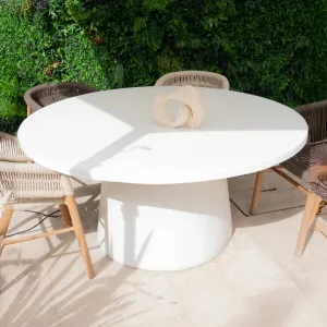 Luxury White Round Pedestal Stone Dining Table for Indoor & Outdoor Spaces Lifestyle View by Luxury Group International