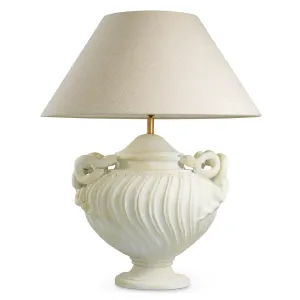 Luxus Weiße Skulpturale Tischlampe mit Cremefarbener Basis und Stoffschirm für Elegante Innenräume Vorderansicht von Luxury Group International