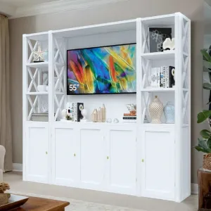 Luxury White Television Unit with Cross Shaped Side Panels and Multi-Storage Cabinets & Display Shelves Front View by Luxury Group International