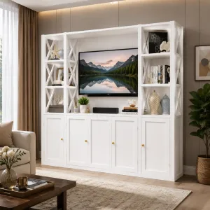 Luxury White Television Unit with Cross Shaped Side Panels and Multi-Storage Cabinets & Display Shelves Lifestyle View by Luxury Group International