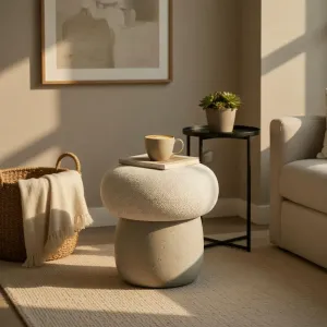 Luxus Weißer Polsterhocker mit grauer Steinoptik-Basis Lifestyle-Ansicht von Luxury Group International