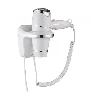 Luxury White Wall Mounted Hotel Hair Dryer with Push-Button Control & Chrome Detailing Front View by Luxury Group International