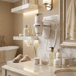Luxury White Wall Mounted Hotel Hair Dryer with Push-Button Control & Chrome Detailing Lifestyle View by Luxury Group International