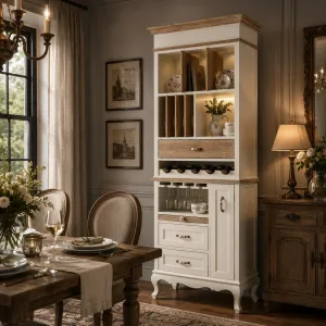 Armoire Étagère en Bois Blanc de Luxe avec Rangement à Vin & Multiples Tiroirs - Armoire Étagère de Luxe Vue lifestyle par Luxury Group International
