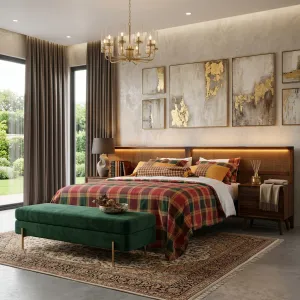 Luxus-Holzbett mit Geflochtenem Korbgeflecht-Kopfteil & Integrierter Beleuchtung - Luxusbett Lifestyle-Ansicht von Luxury Group International