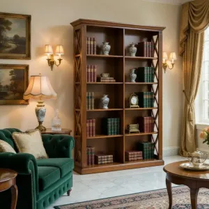 Luxuriöser Holz-Bücherregal mit offenen Display-Regalen und dekorativer Kreuzrahmen-Detailierung Lifestyle-Ansicht von Luxury Group International