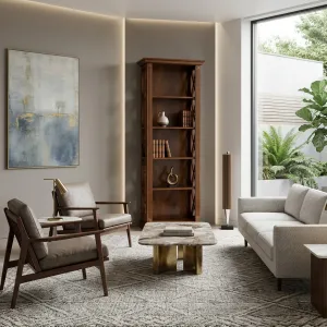 Luxury Wooden Bookcase with Open Shelving and Cross-Shaped Side Panels Lifestyle View by Luxury Group International