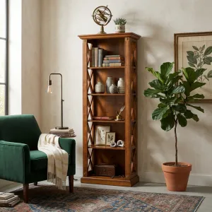 Luxury Wooden Bookcase with Open Shelving and Cross-Shaped Side Panels Lifestyle View by Luxury Group International