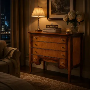 Luxury Wooden Chest of Drawers with Decorative Inlay Top & Cabriole Leg Design Lifestyle View by Luxury Group International