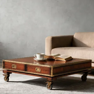Luxury Wooden Coffee Table with Brass-Plated Wheels & Integrated Drawers - Luxury Coffee Table Lifestyle View by Luxury Group International