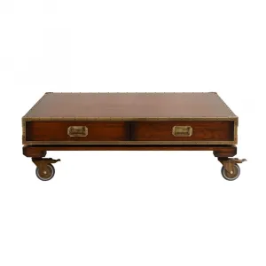 Luxury Wooden Coffee Table with Brass-Plated Wheels & Integrated Drawers - Luxury Coffee Table Side View by Luxury Group International