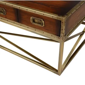 Luxury Wooden Coffee Table with Four Drawer Storage on Geometric Brass Base - Luxury Coffee Table Detail View by Luxury Group International