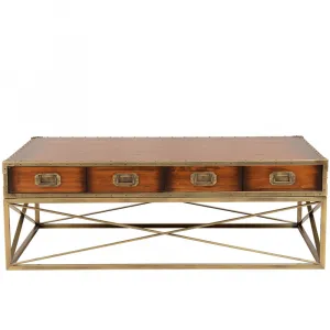 Luxury Wooden Coffee Table with Four Drawer Storage on Geometric Brass Base - Luxury Coffee Table Front View by Luxury Group International