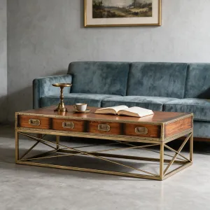 Luxury Wooden Coffee Table with Four Drawer Storage on Geometric Brass Base - Luxury Coffee Table Lifestyle View by Luxury Group International