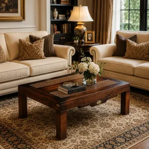 Luxury Wooden Coffee Table with Textured Glass Inlays and Pull-Out Side Tray - Luxury Coffee Table Lifestyle View by Luxury Group International