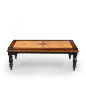 Luxury Wooden Compass Rose Marquetry Coffee Table with Black Turned Legs - Luxury Coffee Table Front View by Luxury Group International