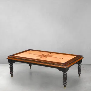 Luxury Wooden Compass Rose Marquetry Coffee Table with Black Turned Legs - Luxury Coffee Table Front View by Luxury Group International