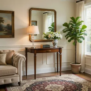 Luxury Wooden Console Table with Curved Apron & Single Drawer Storage Lifestyle View by Luxury Group International