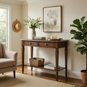 Luxury Wooden Console Table with Dual Drawer Storage & Lower Display Shelf Lifestyle View by Luxury Group International