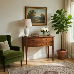 Luxury Wooden Console Table with Three Drawer Storage in Warm Walnut Finish Lifestyle View by Luxury Group International