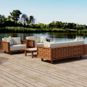 Luxury Wooden Corner Lounge Sofa with Cream Cushions Lifestyle View by Luxury Group International