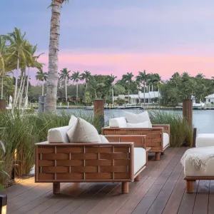 Luxury Wooden Corner Lounge Sofa with Cream Cushions Lifestyle View by Luxury Group International