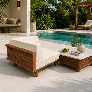 Luxury Wooden Corner Table with White Marble Top Lifestyle View by Luxury Group International